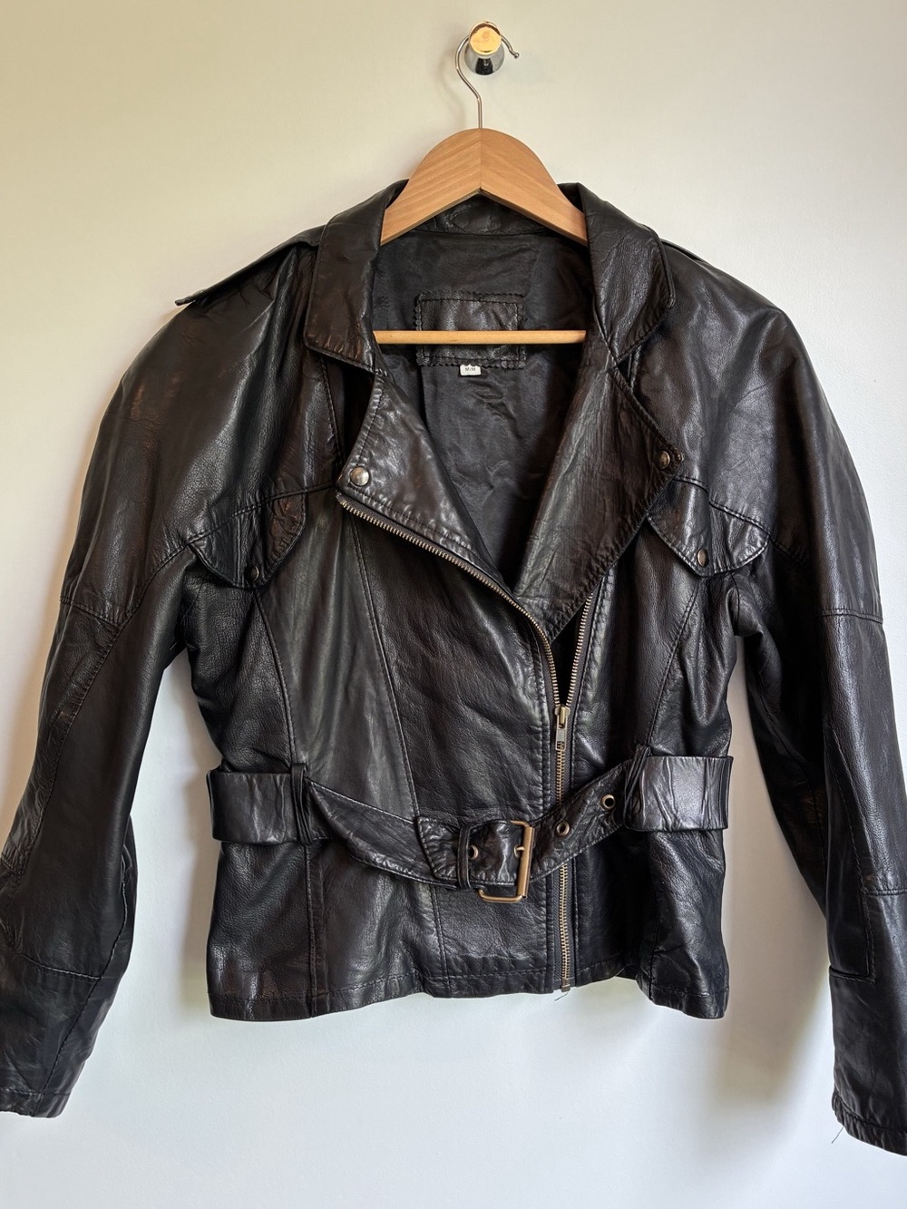 KRIS Vintage 80s Genuine Leather Belted Biker Jacket Size Medium M